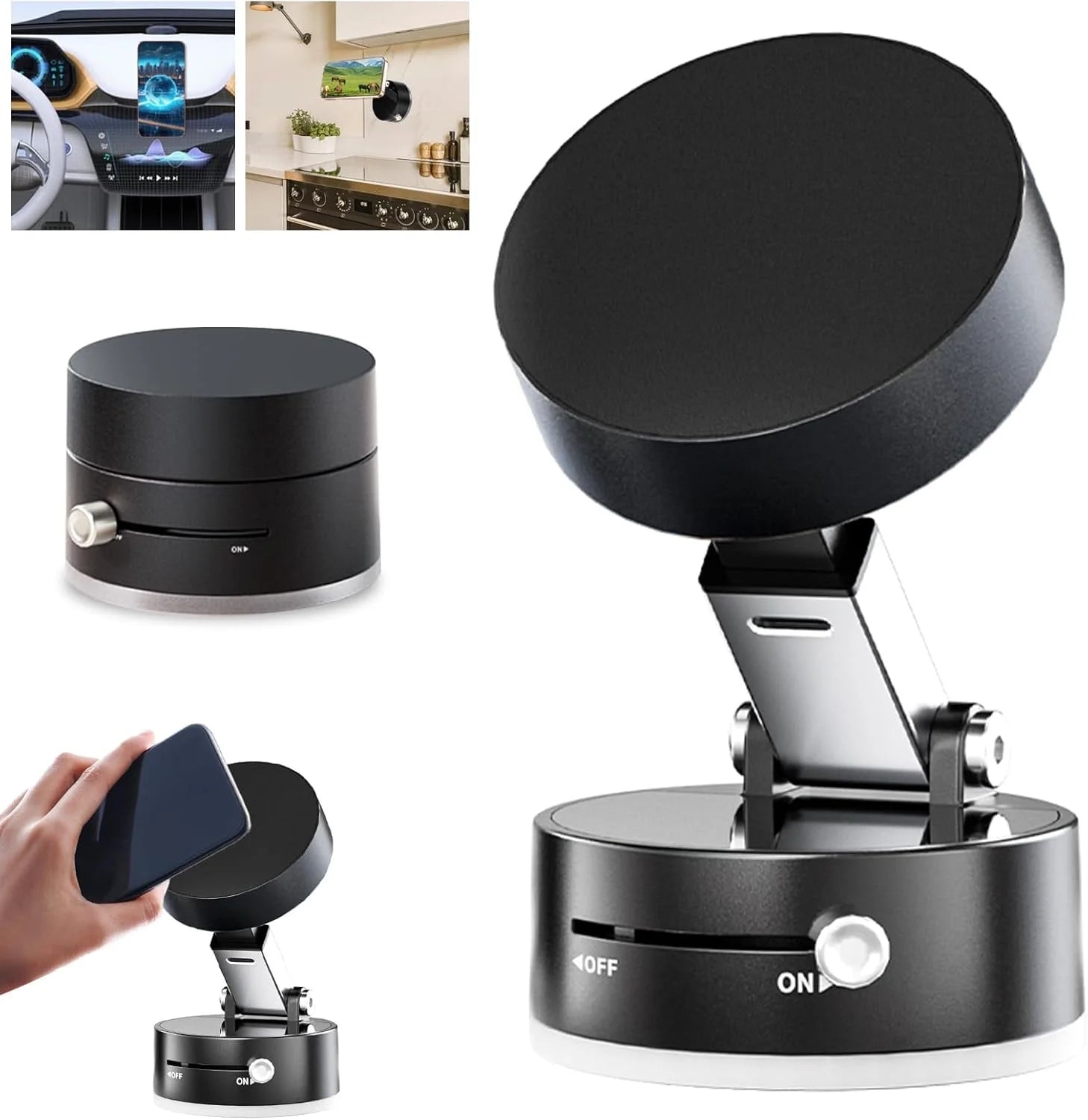 Vacuum Magnetic Phone Holder Updated Suction Cup Phone Mount Foldable Multi-Scenario Application 360° Adjustable Magnetic Phone Holder for Gym/Kitchen/Bathroom/Car/Desktop(Black)